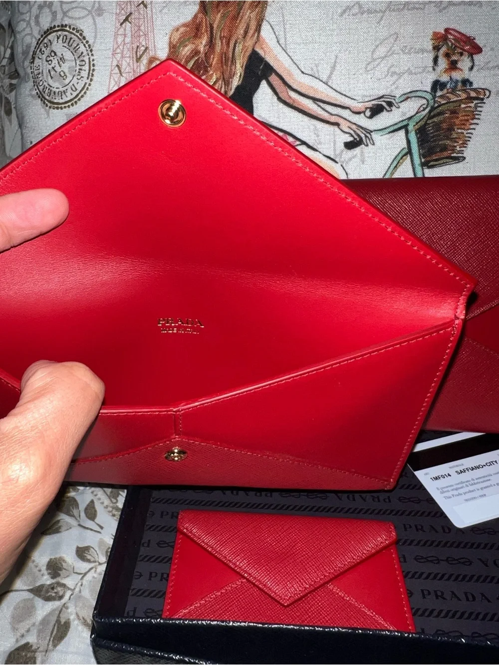Prada Red Saffiano Envelope Clutch with Gold Logo